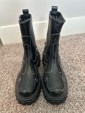 Public Desire Black Chunky Chelsea Ankle Boots with White Stitching